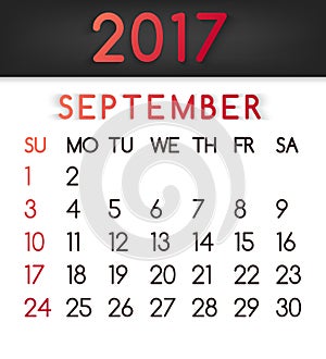 September 2017 calendar vector in a flat style in red tones.