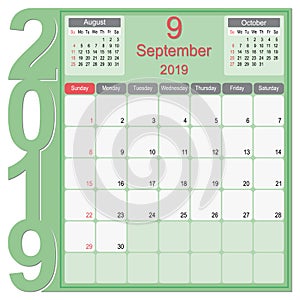 September 2019 Calendar Monthly Planner Design