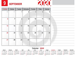 September 2020 Calendar Monthly Planner Design