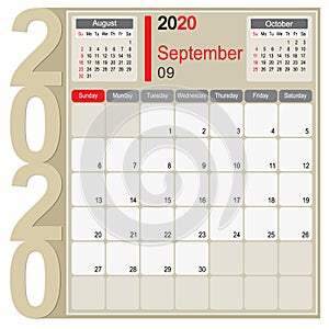 September 2020 Calendar Monthly Planner Design