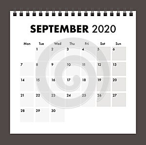 September 2020 calendar with wire band