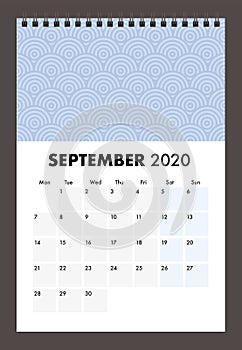 September 2020 calendar with wire band