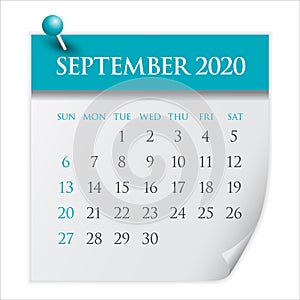 September 2020 monthly calendar vector illustration