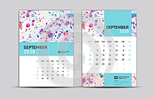 SEPTEMBER 2020 template, Desk calendar 2020, trendy background, vector layout, printing media, advertisement, a5, a4, a3 size