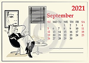 September. 2021 Calendar with fashion girl in sketch style. Vector illustration