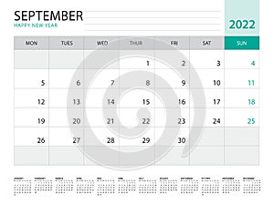 September 2022-Calendar 2022 template vector on green background, week start on monday, Desk calendar 2022 year, Wall calendar