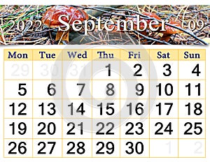 September 2022 Calendar for organizer to plan and reminder on nature background