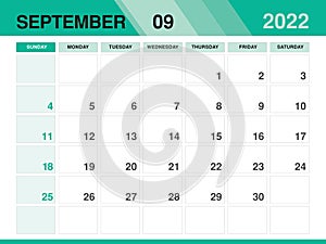 September 2022 template, Calendar 2022 template vector, planner monthly design, Desk calendar 2022, Wall calendar design, Minimal