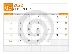 September 2022 template, Calendar planner 2022, week start on Monday,  Desk calendar 2022 year, simple and clean design