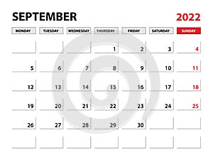 September 2022 year planner template, calendar 2022 template, monthly and yearly planners. organizer diary. week start monday