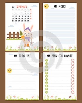 September 2023. Monthly calendar planner with cute rabbit farmer with shovel and carrots, harvesting. Vector set