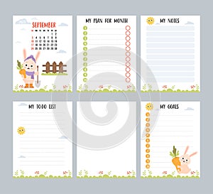 September 2023. Monthly calendar planner with cute rabbit farmer with shovel and carrots, harvesting. Vector set