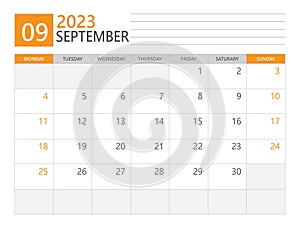 September 2023 template, Calendar planner 2023, week start on Monday, Desk calendar 2023 year, simple planner and clean design
