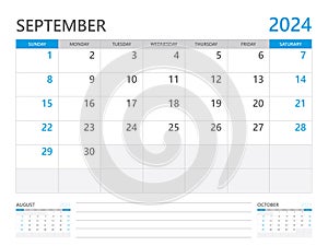 September 2024 year, Calendar planner 2024 and Set of 12 Months, week start on Sunday. Desk calendar 2024 design, simple and clean