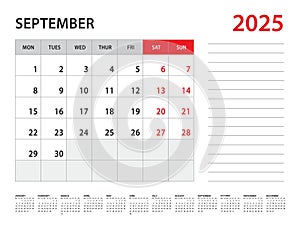 September 2025 year - Calendar 2025 template vector, week start on monday, Desk calendar 2025 year, Wall calendar design,