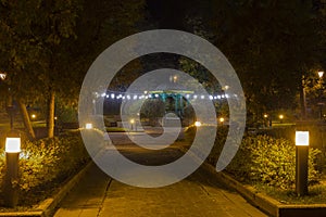 September 25, 2021. Night city of Truskavets, Ukraine. Truskavets resort town at night, music pavilion