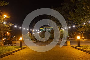 September 25, 2021. Night city of Truskavets, Ukraine. Truskavets resort town at night, music pavilion