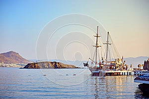 15 of September 2017 - Bodrum, Turkey: Beautiful sea landscape with tourist ships on the background. Vacation Outdoors Seascape