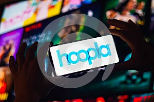 September 2, 2022, Brazil. In this photo illustration, the Hoopla logo is displayed on a smartphone screen