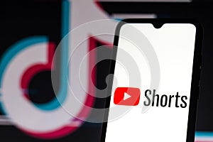 September 21, 2020, Brazil. In this photo illustration a YouTube Shorts logo is seen displayed on a smartphone with an TikTok logo