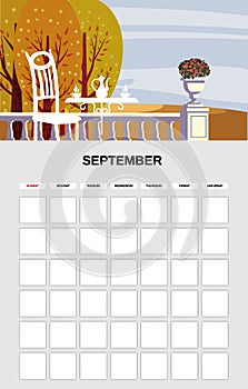 September Calendar Planner month. Minimalistic landscape natural backgrounds Autumn. Monthly template for diary business