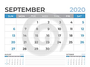 September 2020 Calendar template, Desk calendar layout  Size 8 x 6 inch, planner design, week starts on sunday, stationery design