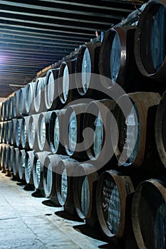 September 3, 2019, El Puerto de Santa Maria, Andalusia, Spain, old bodega with dark wooden barrels with sherry wine