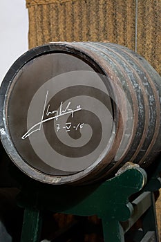 September 3, 2019, El Puerto de Santa Maria, Andalusia, Spain, old bodega with dark wooden barrels with sherry wine