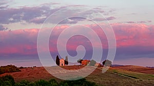 September evening at the chapel of the Madonna di Vitaleta. Italy timelapse