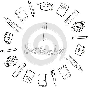 1 September. Logo. Black and white. School supplies, square academic cap, alarm clocks, briefcases and satchels around the inscrip