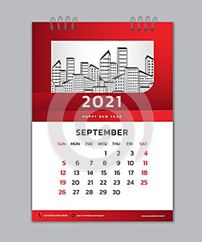 September month template, Desk Calendar 2021 Creative design can be place photo and logo, Week starts on Sunday
