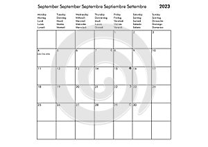 September Multilingual year 2023 calendar