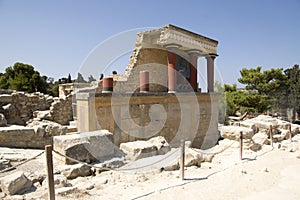 September 7, 2016, north entrance with bull fresco and red columns, Minoan Palace Knossos, Crete, Greece