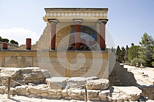 September 7, 2016, north entrance with bull fresco and red columns, Minoan Palace Knossos, Crete, Greece