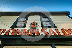 September 15, 2018 - Skagway, AK: Front facade of The Red Onion Saloon, a former brothel.