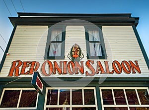 September 15, 2018 - Skagway, AK: Front facade of The Red Onion Saloon, a former brothel.