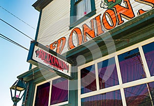 September 15, 2018 - Skagway, AK: Front facade of The Red Onion Saloon, a former brothel.