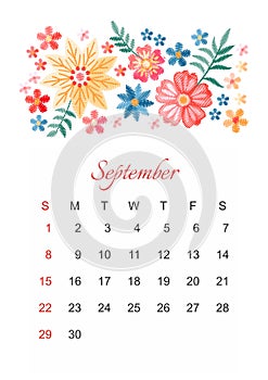 September. Vector calendar template for 2019 year with beautiful composition of embroidery flowers.