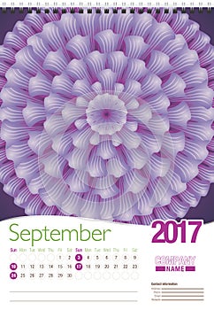 September wall calendar 2017 template with abstract floral design, ready for printing. Size: 297mm x 420mm