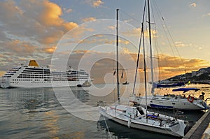 September 30, 2011 - Yachts and cruise liner at the port. Yalta, Crimea, Ukraine