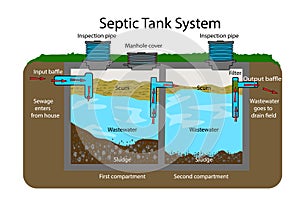 Septic Tank diagram. Septic system and drain field scheme . An underground septic tank illustration