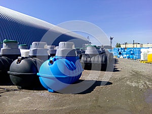 Septic tanks and other storage tanks at the manufacturer factory depot