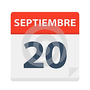 Septiembre 20 - Calendar Icon - September 20. Vector illustration of Spanish Calendar Leaf photo