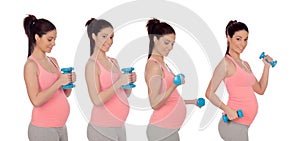 Sequence of four photos of pregnancy woman with dumbbells