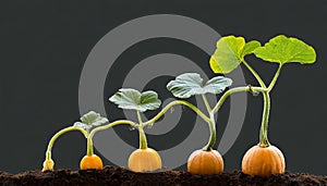 Sequence of pumpkin plant growing isolated, evolution concept