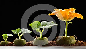 Sequence of pumpkin plant growing isolated, evolution concept