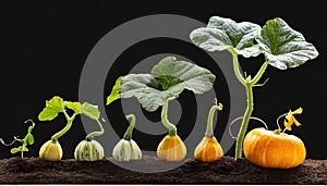 Sequence of pumpkin plant growing isolated, evolution concept