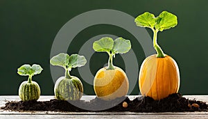 Sequence of pumpkin plant growing isolated, evolution concept
