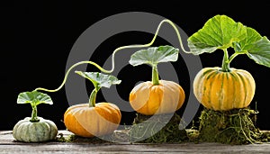 Sequence of pumpkin plant growing isolated, evolution concept