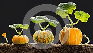 Sequence of pumpkin plant growing isolated, evolution concept
